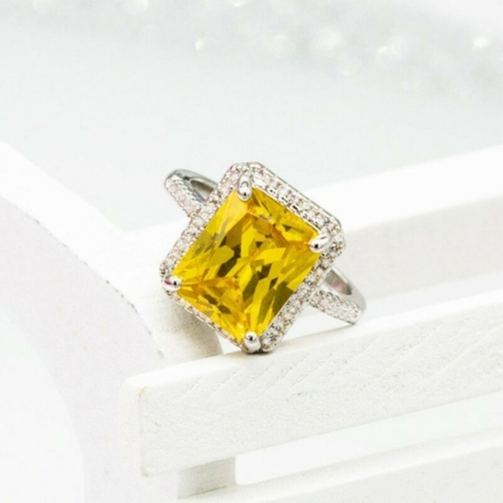 Stamped 925 Silver Ring Princess Cut Citrine New - Picture 3 of 4